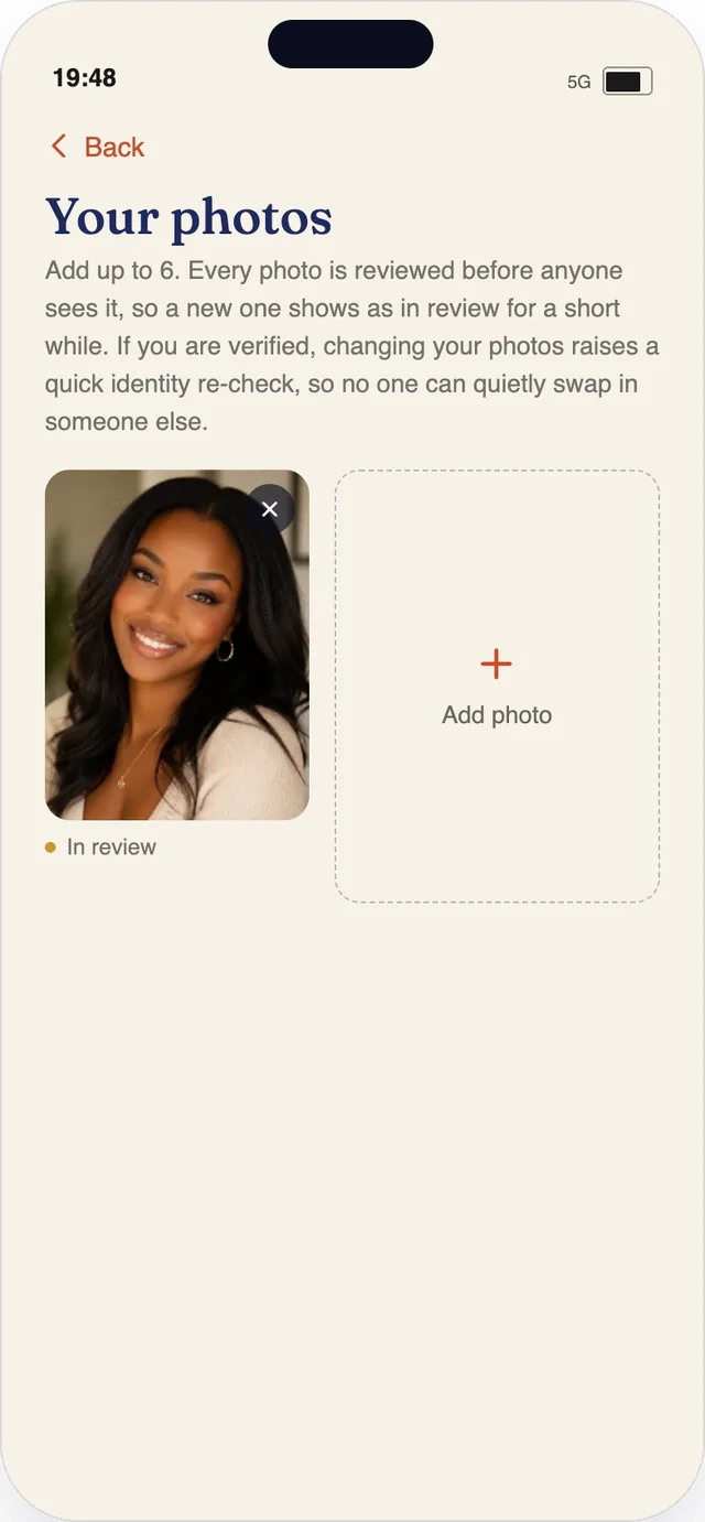 The Imani photos screen, explaining that every photo is reviewed and changing photos triggers an identity re-check